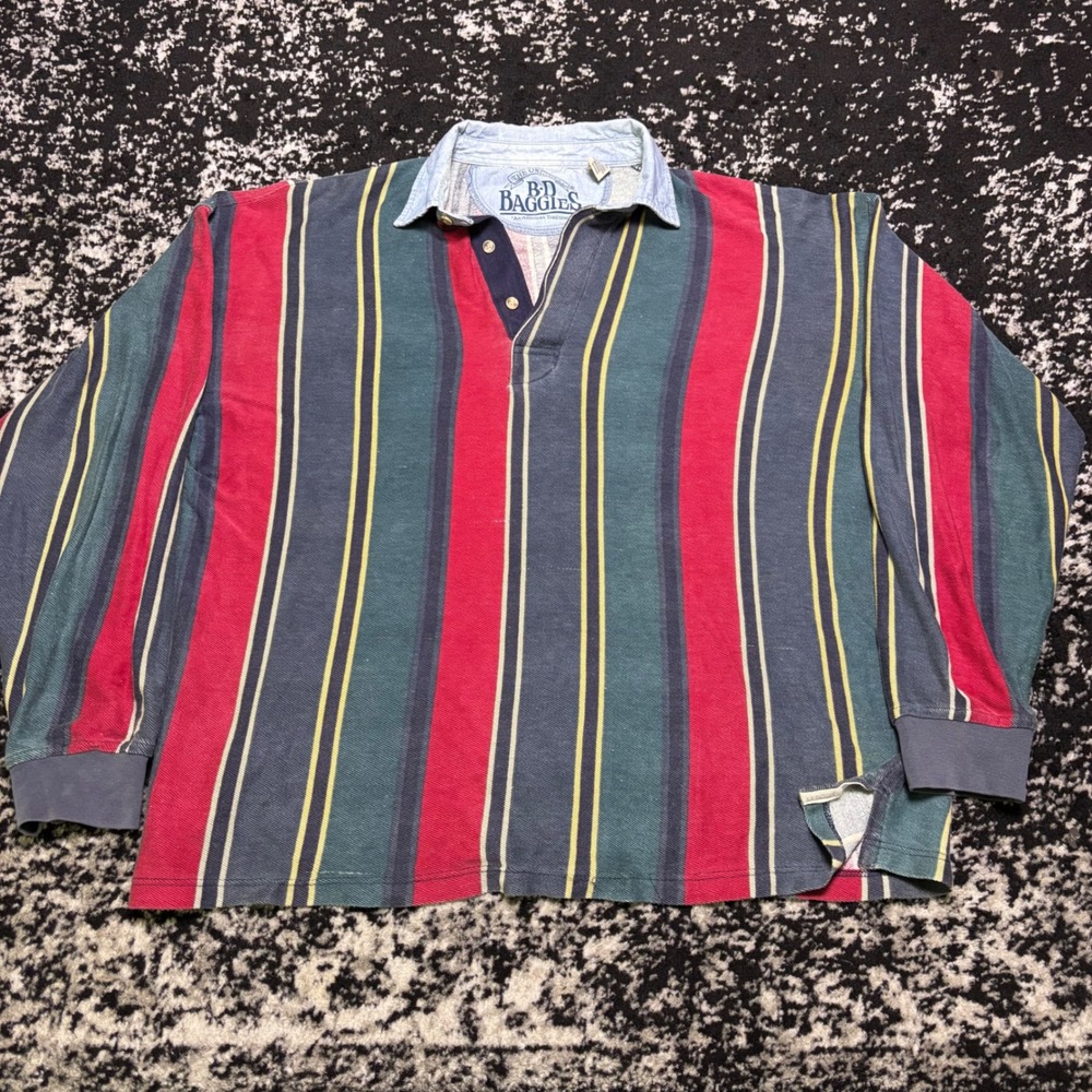 Vintage BD Baggies Striped Rugby Shirt Mens Medium Long Sleeve Preppy Cotton
